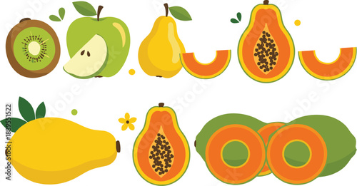 Set of colorful tropical fruit illustrations including kiwi apple pear papaya mango, flat healthy food vector collection