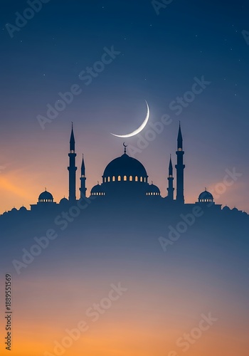 Silhouette of mosque against a twilight sky with crescent moon view