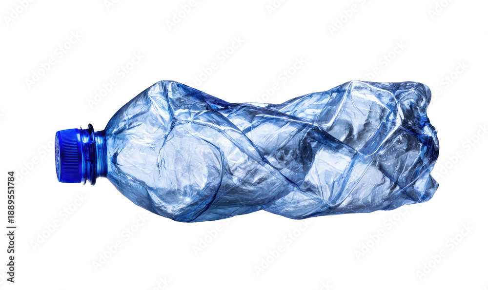 Fototapeta premium A crushed, translucent blue plastic bottle isolated against a solid black background