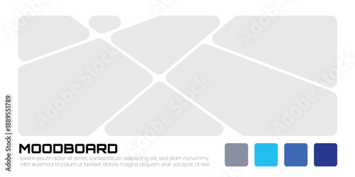 Modern blue themed horizontal moodboard with abstract frames for branding, mood exploration, and concepts