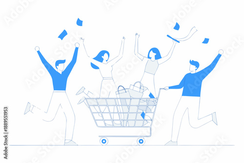 Celebrating shoppers joyfully push a full shopping cart with falling papers