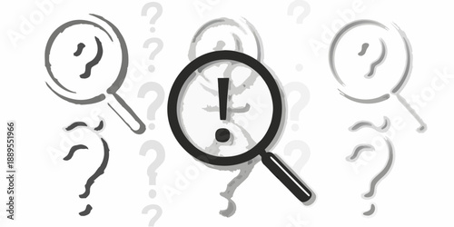 Several question marks and an exclamation point under a magnifying glass
