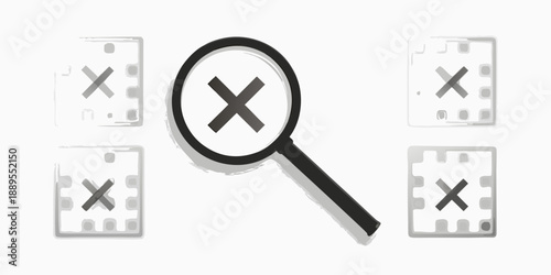 Film strips with x marks and a magnifying glass illustration