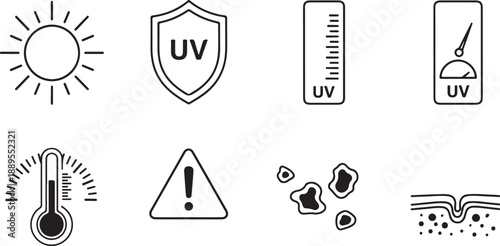 UV Protection Icons: Gauge, Scale, Shield, Sun, Thermometer, Warning Isolated on white background