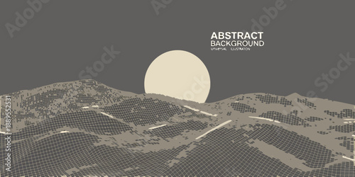 Abstract landscape with geometric shapes and a glowing orb