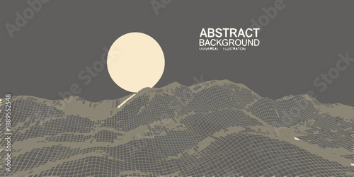 Abstract mountain landscape with a large pale sun or moon