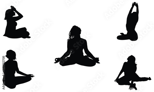 A collection of woman meditation silhouette icons representing different mindfulness and relaxation poses. 
