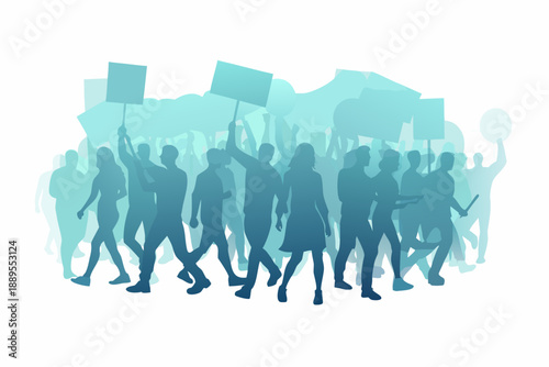 A crowd of silhouetted people holding signs in a protest or rally