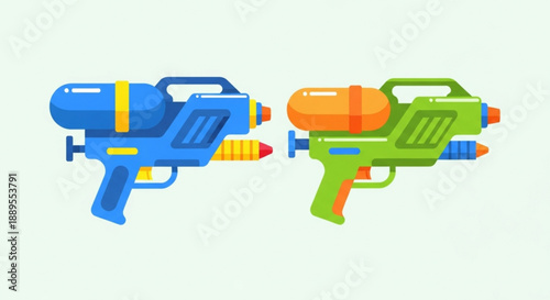 Colorful blue and green water guns with orange and yellow accents on a light background perfect for summer fun and playful activities