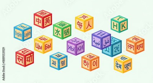 Collection of alphabet blocks with various international characters representing global communication and learning ideal for educational or cultural concepts
