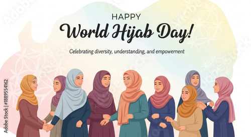 Happy World Hijab Day illustration diverse women celebrating diversity understanding and empowerment with colorful headscarves vector art for social media and campaigns
