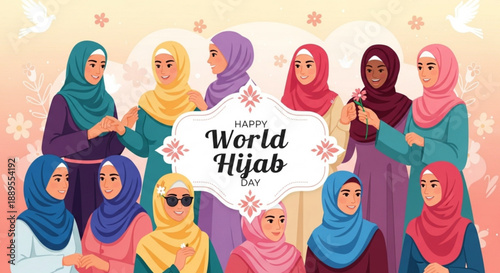 Diverse group of women celebrating World Hijab Day showcasing cultural diversity and female empowerment with colorful headscarves vector illustration