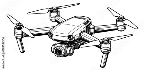 Hand drawn line art illustration of a drone depicting modern technology and aerial photography for commercial designs