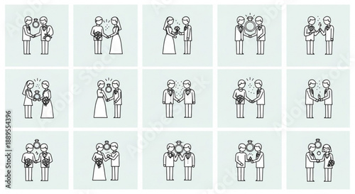 Collection of wedding icons representing diverse couples and ceremonies simple line art for marriage and relationship concepts isolated on light background