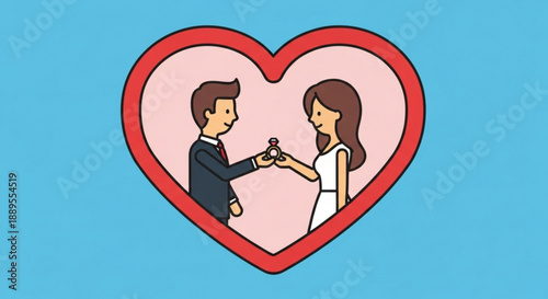 Man proposing with a ring to a woman inside a heart shape illustration for wedding and engagement concepts simple flat design