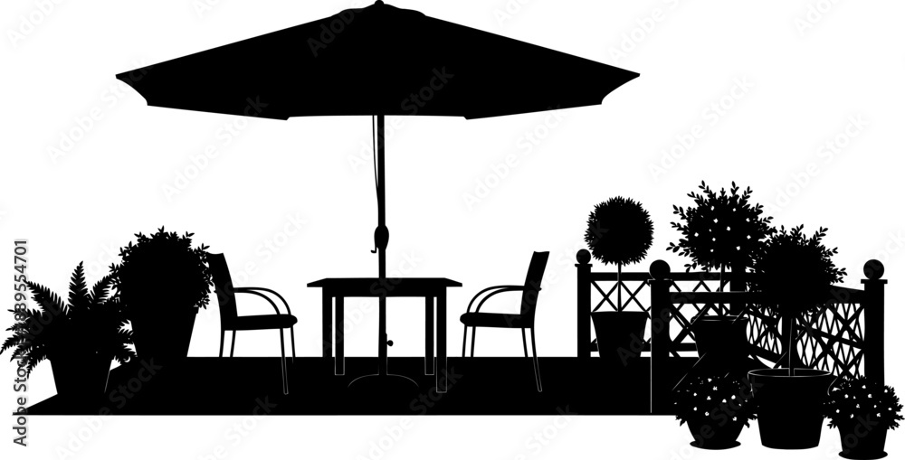 Naklejka premium Cozy balcony terrace with table and umbrella