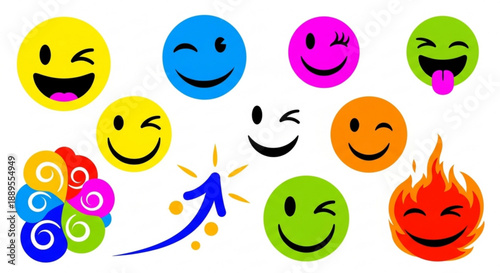 Collection of colorful emoji faces winking and happy expressions vector icons for communication and social media isolated on white background