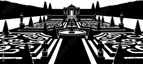 Formal palace grounds landscape with statues and fountains