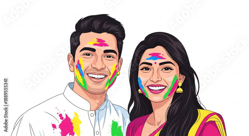 Happy Indian couple celebrating Holi festival with colorful powder on faces vector illustration for festive greetings and cultural events