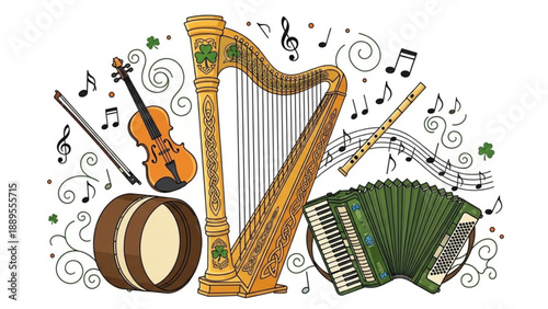 Traditional Irish musical instruments including harp violin accordion and bodhran with musical notes and shamrocks perfect for St Patricks Day celebrations and Celtic music themes