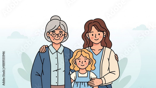 Three generations of women grandmother mother and daughter posing together with a loving embrace flat illustration for family concept