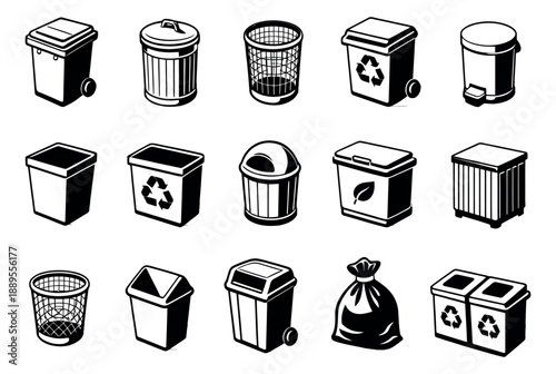 Line art waste bins set featuring different types of trash cans, recycling bins, and a garbage bag for waste disposal and environmental themes