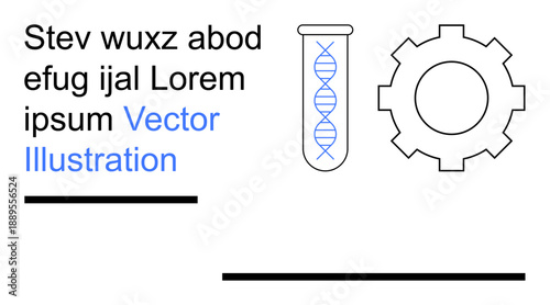 Biotechnology, genetic engineering, innovation, research tools, science education, laboratory processes. Diagram showing DNA strand in a test tube and a gear. Biotechnology, genetic engineering focus