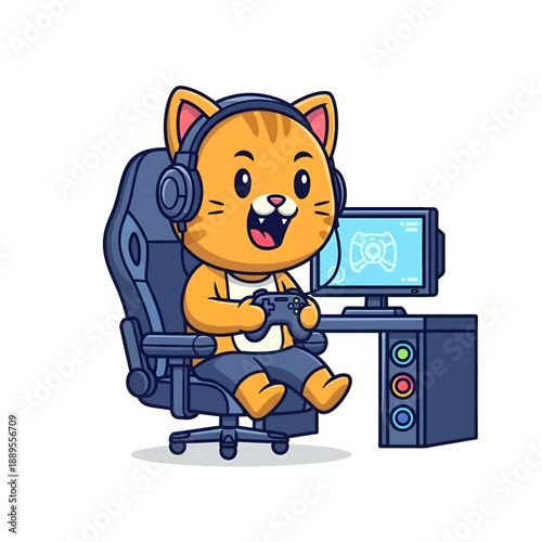 Playful Kitty Gamer: A cute animated cat immersed in the digital realm, wearing headphones, and clutching a controller, captivated by a video game on a monitor.