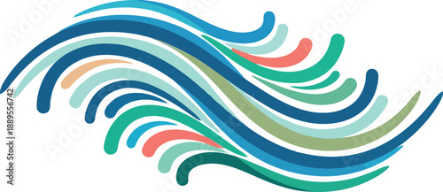 Abstract flowing wave pattern using blues teals greens and coral shapes on white