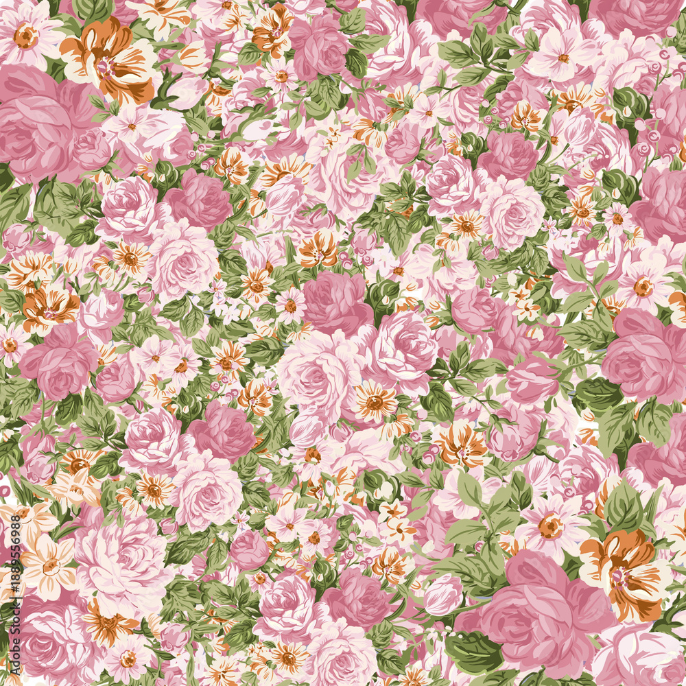 Fototapeta Seamless Pink Rose Floral Pattern with Green Leaves