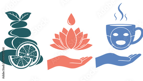 A serene illustration representing wellness and self-care with various symbols.