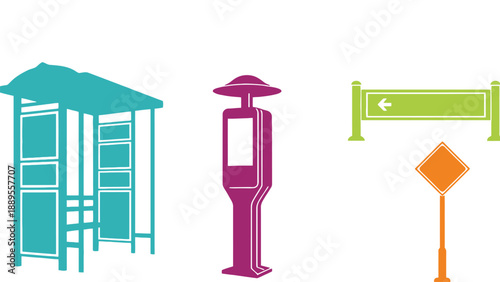 A colorful illustration of various street signs and a gazebo on a white background