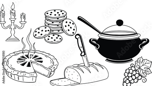 A traditional Jewish meal with food and menorah for Hanukkah celebration