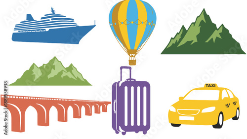 A colorful illustration of various travel icons and transportation modes