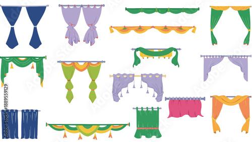 A colorful collection of various curtain and drapery designs on a white background
