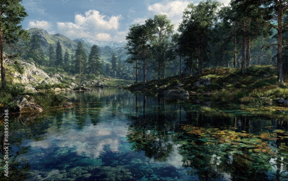 Fototapeta premium Tranquil lake scene with lush trees and mountain backdrop under a bright sky