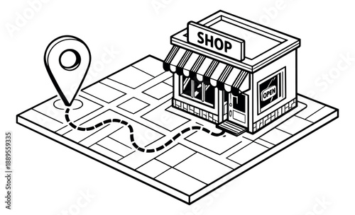 Isometric line art illustration of a shop on a map with a location pin depicting a route to a store for local business navigation