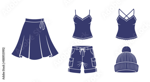 A collection of fashion garment icons including a-line skirt, camisole, cargo shorts, and beanie