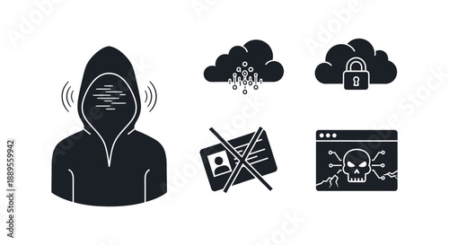 A collection of cybersecurity icons depicting hacker anonymity, data encryption, and ransomware threats