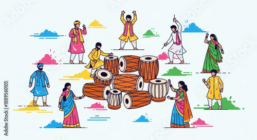 People celebrating holi festival with colorful powder and drums in vibrant traditional attire