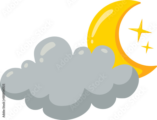 Night Sky Illustration of a Crescent Moon Shining Behind a Cloud