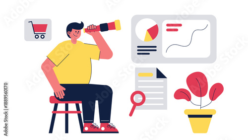 A man sitting and using a telescope to look at market trends and data charts for future forecasting
