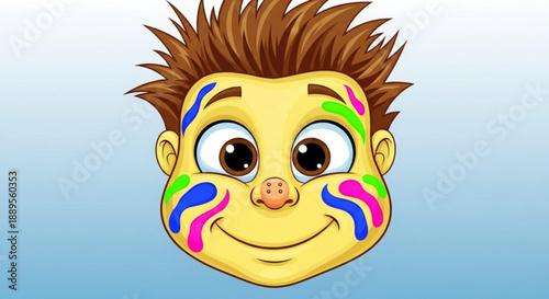 Cartoon happy child face with colorful makeup on cheeks and forehead smiling against a blue background