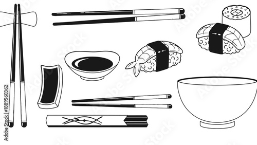 A colorful illustration of various sushi dishes and utensils on a white background