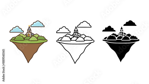 Three floating islands with a church and trees in different color schemes