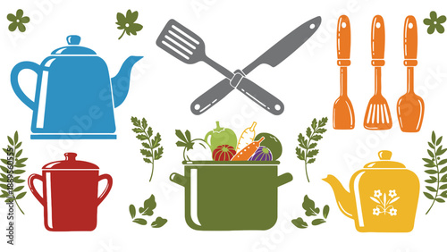 A colorful illustration of kitchen utensils and cookware with fresh vegetables