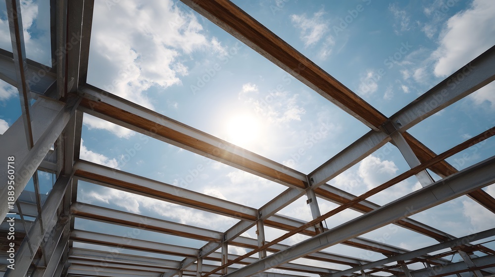 Naklejka premium Upward view of a steel building framework under construction against a bright sunny sky