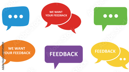 A colorful graphic illustration of speech bubbles asking for customer feedback