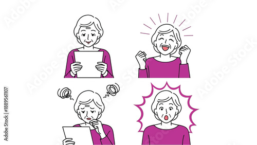 A cartoon woman experiences various emotions while reading a piece of paper