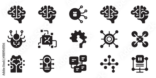 Modern machine learning brain icons with neural network connections and data flow concepts